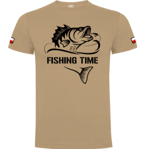 męska koszulka bawełniana na ryby piaskowa FISHING TIME