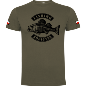 męska koszulka bawełniana na ryby khaki FISHING ADDICTED