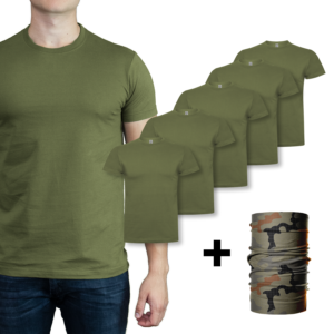 zestaw pięciu męskich wojskowych koszulek bawełnianych khaki + komin (5pak)